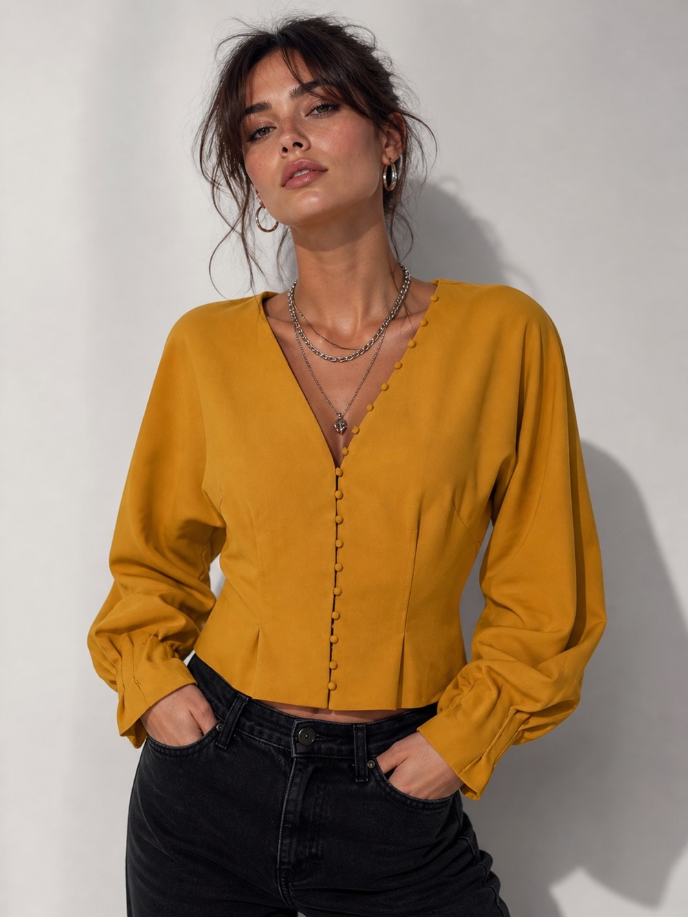 Ina Mustard Yellow V-Neck Button-Front Balloon Sleeve Blouse Jacket Sz. L NWT